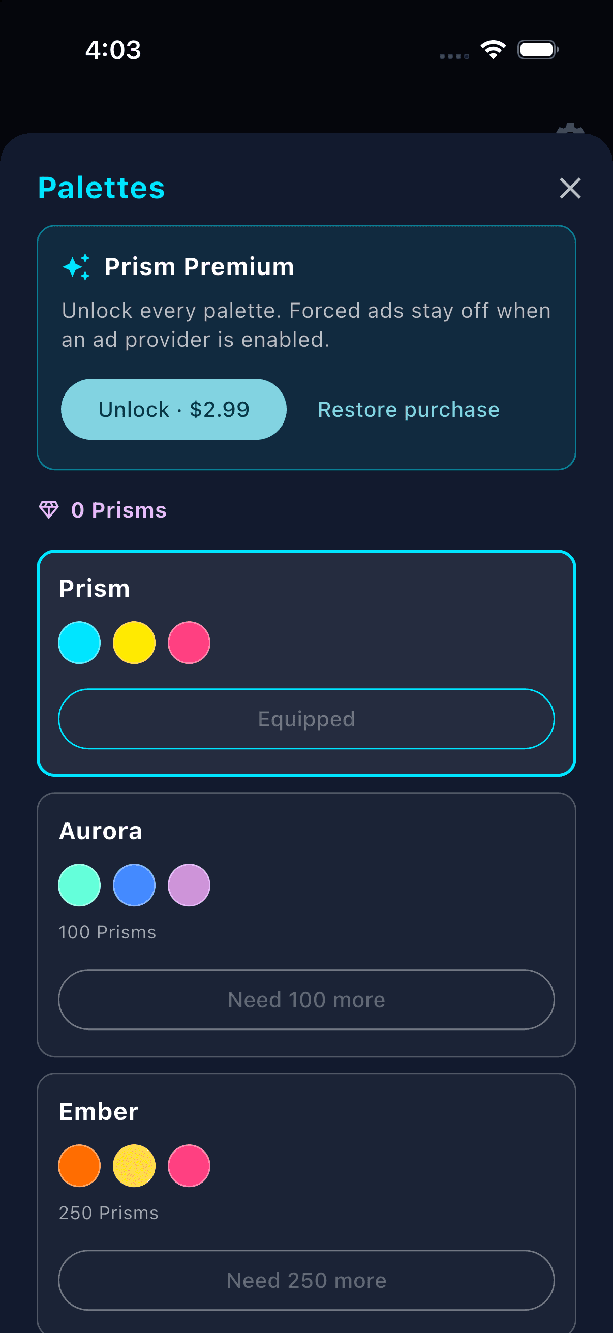 The in-app Prism Premium screen with palette unlock and restore purchase buttons